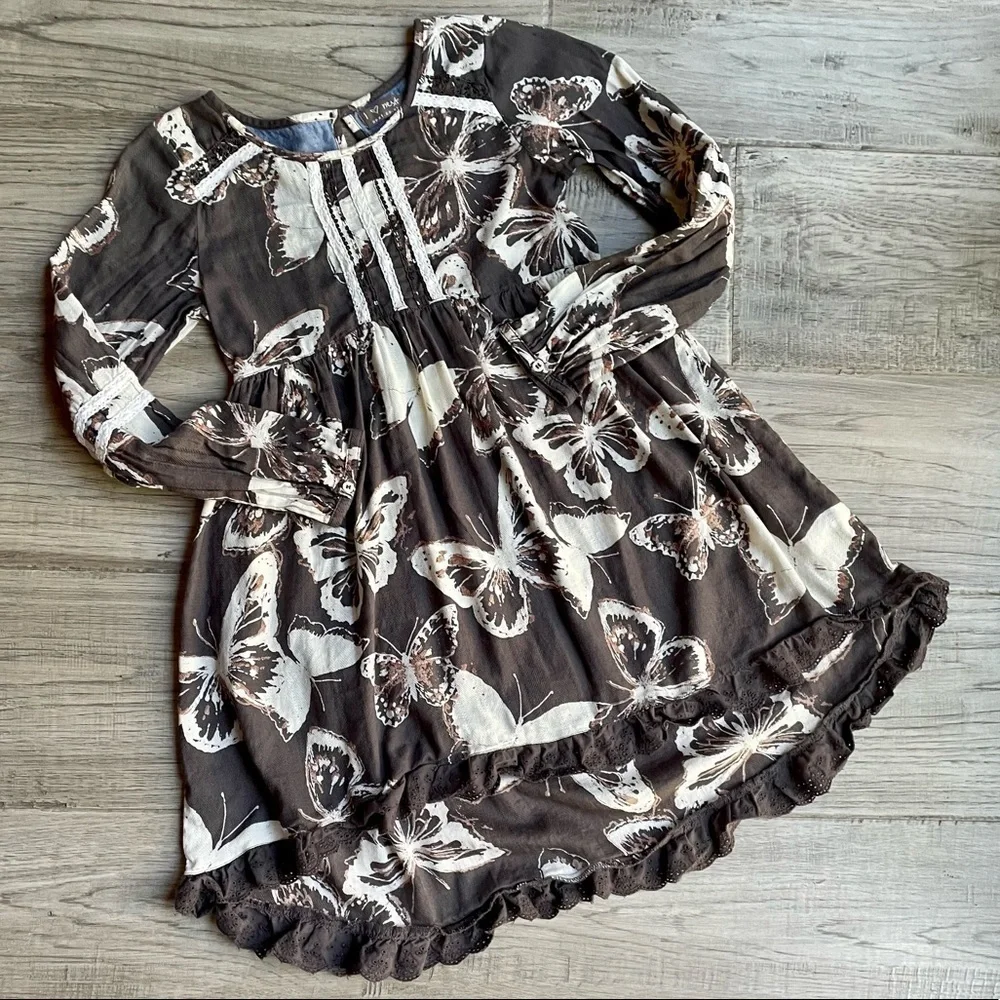 Girls Butterfly Print Dress 100% Cotton Long Sleeves Earth Tone Colors Lace SZ 9